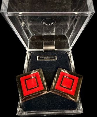 Sterling Silver Geometric Tiered Square Post Earrings with Red Enamel Inlay
Category: Earrings. A 