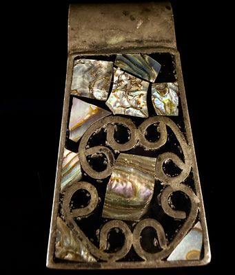 Vintage Mexican Abalone Shell Inlay Money Clip Sterling. Accessory constructed of silver-toned 