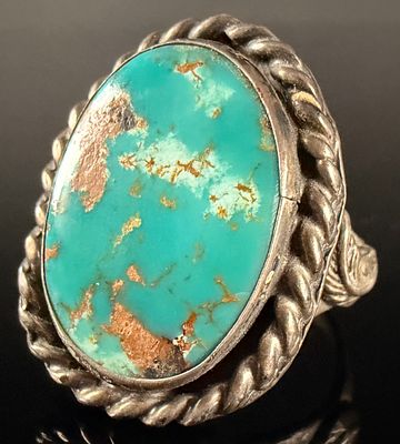 Fred Harvey Era Sterling Silver Large Navajo Turquoise Ring. Sterling Silver. The centerpiece 