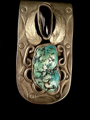 Vintage Style Navajo Turquoise and Black Stone Money Clip, Sterling Silver. This U-shaped money 