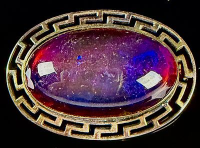c.1900 Sterling Silver Dragon's Breath Glass Brooch with Greek Key Border. Sterling silver 