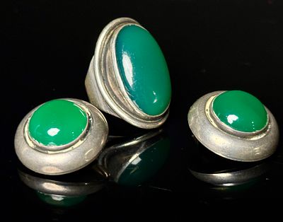 Three-Piece Danish Sterling Silver and Green Onyx Demi-Parure by N.E. From and COF. A 