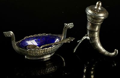 A Trio of Scandinavian Viking Revival Sterling Silver Salt Cellar and Shaker Set. A trio of 