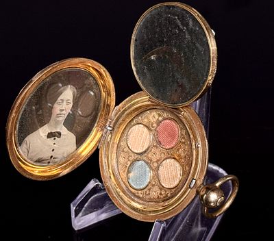 Victorian Gold-Toned Multi-Compartment Mourning Locket Fob wi Ambrotypes and Fabric. A single 