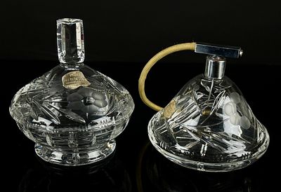 A Pair of German Lead Crystal Perfume Bottle and Atomizer Set. A pair of German lead crystal 