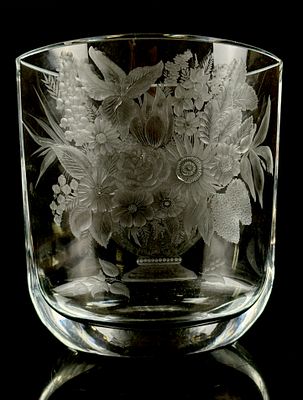 A Signed Lubom&iacute;r Richter Copper-Wheel Engraved Crystal Vase. A single heavy clear crystal vessel 