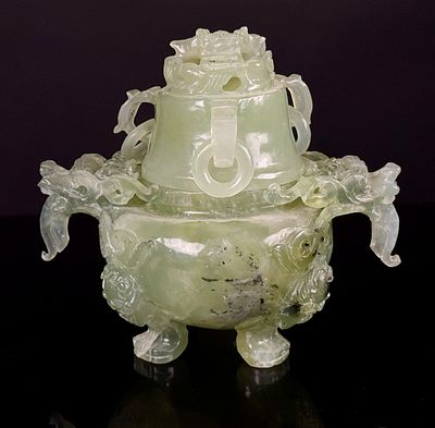 A Chinese Carved Jade Hardstone Tripod Censer and Cover. This is a single Chinese tripod censer 