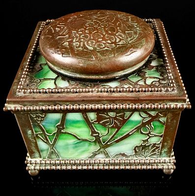 Tiffany Studios Grapevine Pattern Bronze and Slag Glass Inkwell. A Tiffany Studios 'Grapevine' 