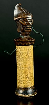Batak Ritual Container with Carved Ancestral Figure Stopper and Engraved Script. A single 