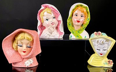 A Collection of 4 Mid-Century Glazed Ceramic Lady Head Vases Planters. A collection of four 