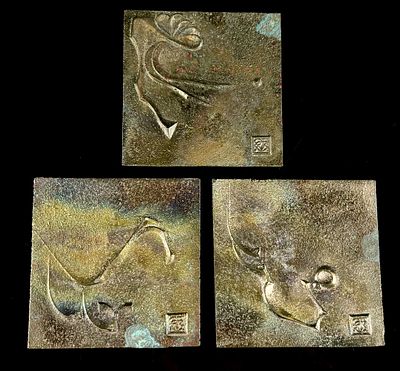 Paolo Soleri (1919-2013) three Abstract Bronze Relief Tiles. A collection of three square bronze 