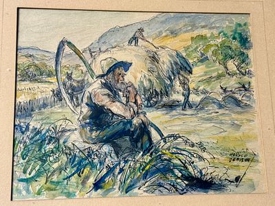 Signed Harold Denison Mixed Media Drawing Haying. A single framed work of art executed in mixed 
