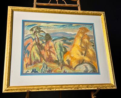 Attributed to Bernard Gussow Expressionist Landscape Pastel on Paper. A framed landscape drawing 
