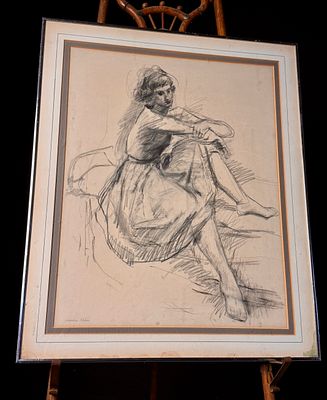 Lambro Ahlas Charcoal Drawing of a Seated Female Model. A single framed expressive figurative 