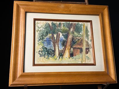 Bernard Gussow Signed Watercolor Landscape with Cabin. A framed watercolor painting attributed 