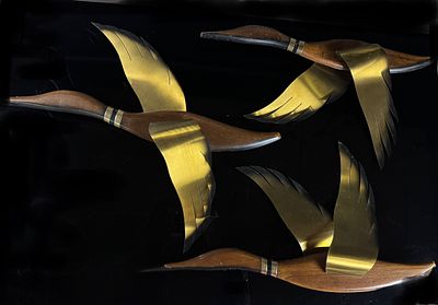 A Trio of Rossini Mid-Century Modern Wood and Brass Flying Geese Wall Sculptures. A trio of 