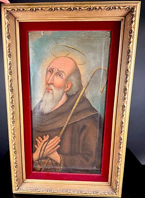 19th Century Mexican Folk Art Retablo Depicting Saint Francis on Tin. A 19th Century Mexican 