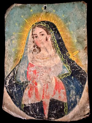 19th Century Mexican Retablo Mater Dolorosa on Tin. A 19th Century Mexican devotional folk art 