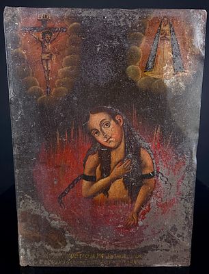 19th Century Mexican Retablo Depicting the Anima Sola. A 19th Century Mexican folk art retablo 