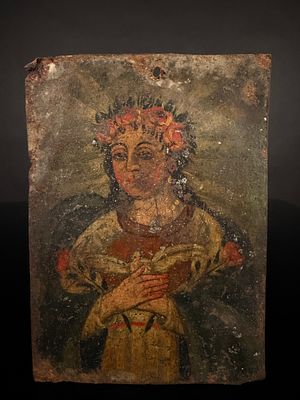 19th Century Mexican Folk Art Retablo on Tin, Female Devotional Figure. A single 19th century 