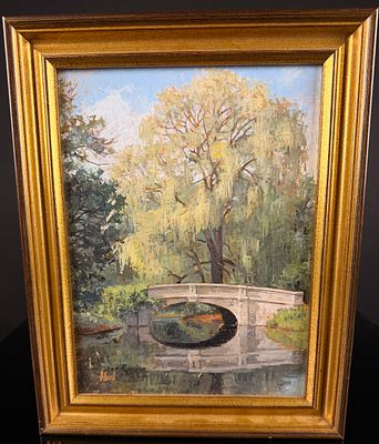 Brian M. Hart Oil on Board Landscape of a Stone Bridge. An Impressionistic oil painting on board 