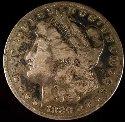 1880-S Morgan Silver Dollar. A 1880-S Morgan Silver Dollar United States coin. The obverse 