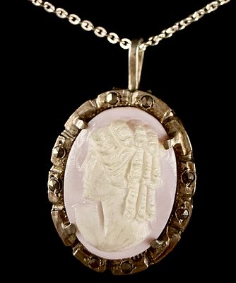 A Victorian Style Angel Skin Cameo and Marcasite 835 Silver Pendant Necklace. A Victorian style 