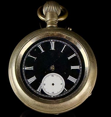 Early 20th Century Open Face Pocket Watch with Black Dial. Needs a Crystal and does not run, An 