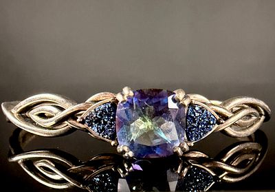 Sterling Silver Cuff Bracelet with Iridescent Gemstone and Druzy Quartz. This sterling silver 