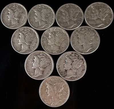 A Collection of United States Mercury 90% Silver Dimes. A collection of United States Winged 
