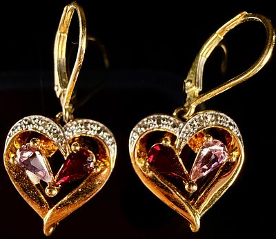 A Pair of Gold-Plated Sterling Silver and Gemset Heart-Shaped Dangle Earrings. A pair of 