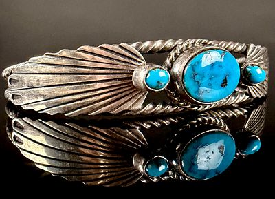 Navajo Sterling Silver and Turquoise Cuff Bracelet Hallmark I. P. This Navajo 