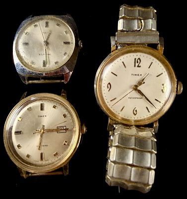 Three Vintage Timex Wristwatches including Self-Wind and Waterproof Models. A trio of vintage 