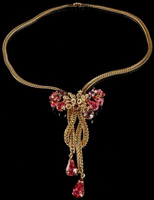 Retro Mid-Century 12 Karat Gold Filled Mesh Bib Necklace with Pink and Lavender Stones. This 