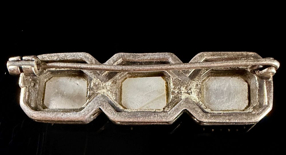 Art Deco Style Sterling Silver Mother of Pearl and Marcasite Triple Panel Bar Brooch. An Art 