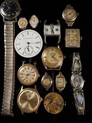 Vintage Watches, Movements, and Parts including Elgin, Waltham, and Bulova. This lot consists of 