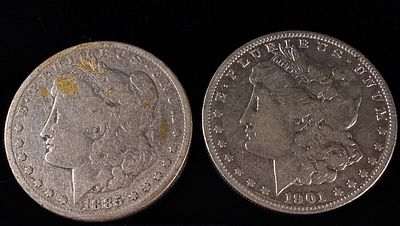 A Pair of US Morgan Silver Dollars 1885 and 1901-O. A pair of US Morgan silver dollars. The 