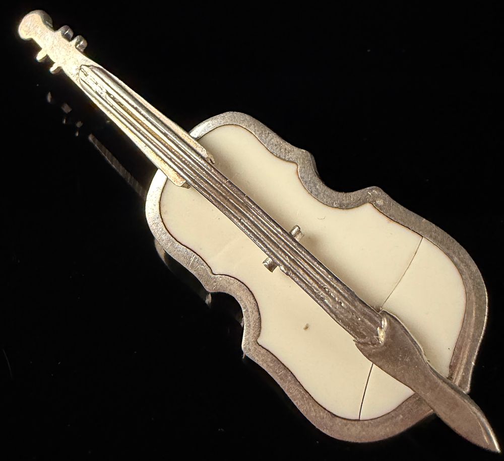 Mexican Sterling Silver and Inlay Cello Brooch. A Mexican sterling silver brooch designed in the 