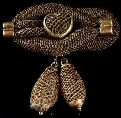 Victorian Woven Hair Mourning Brooch with Heart Motif and Pendants. A Victorian-era mourning 