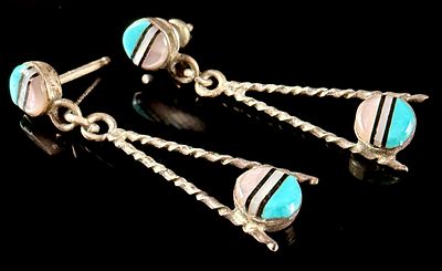A Pair of Zuni Style Multi-Stone Inlay Silver-Tone Dangle Earrings. A matched pair of drop-style 