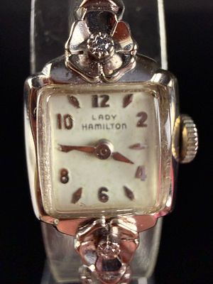 Vintage Lady Hamilton 14K White Gold Manual Wind Wristwatch with Diamond Accents. A vintage Lady 