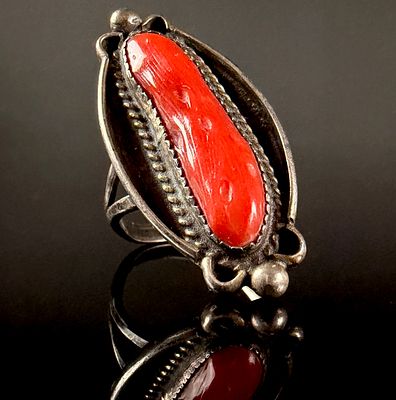 Navajo Style Red Coral and Silver Statement Ring. A Southwestern-style statement ring featuring 