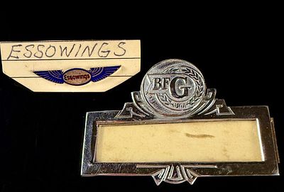 Two Vintage Automobilia Items Including B.F. Goodrich Badge Holder and Essowings Pin. This lot 