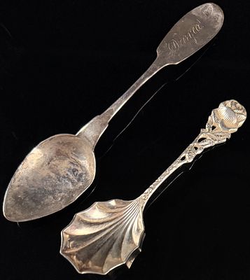 Two Spoons Comprising an American Coin Silver Fiddle Pattern Spoon and a Silver Rose Pattern 