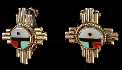 A Pair of Native American Zuni Style Multi-Stone Inlay Sunface Clip-On Earrings. This matched 