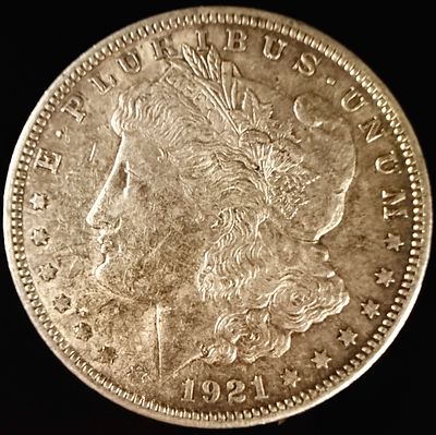 1921 US Morgan Silver Dollar. 1921 US Morgan silver dollar struck at the Philadelphia mint. The 