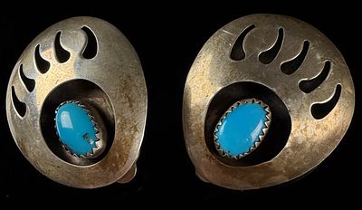 A Pair of Navajo Style Turquoise and Sterling Silver Bear Paw Shadow Box Clip-on Earrings. A 
