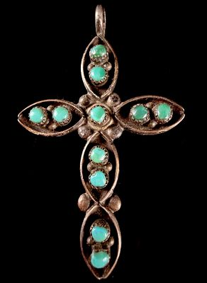 Southwestern Navajo Style Turquoise and Silver Cross Pendant. This cross pendant is attributed 