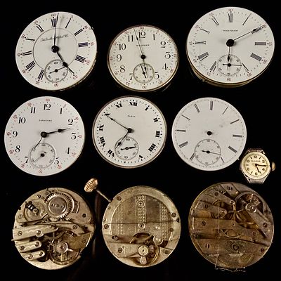 An Assortment of Vintage Pocket Watch Movements and Dials including Hamilton, Waltham, and Elgin. 