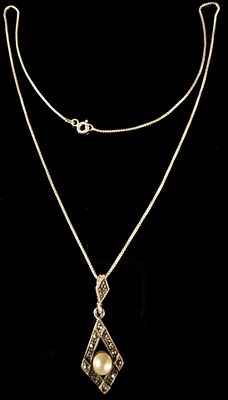 Art Deco Style Sterling Silver Marcasite and Pearl Pendant Necklace by HAN. This Art Deco style 